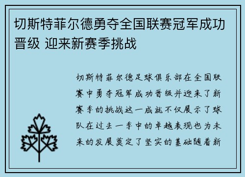 切斯特菲尔德勇夺全国联赛冠军成功晋级 迎来新赛季挑战 切斯特菲尔德勇夺全国联赛冠军成功晋级 迎来新赛季挑战