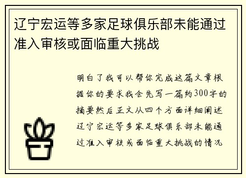 辽宁宏运等多家足球俱乐部未能通过准入审核或面临重大挑战 辽宁宏运等多家足球俱乐部未能通过准入审核或面临重大挑战